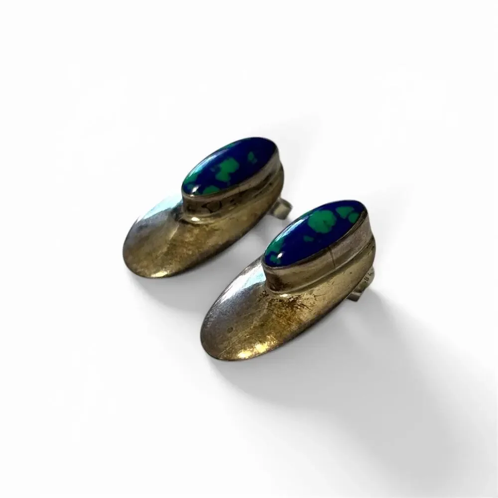 VTG Block Azurite Malachite Oval Earrings Sterling Silver 925 Studs - Tarnished - Picture 2 of 4